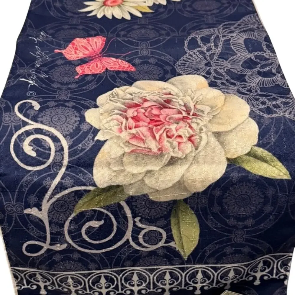 Sandy Clough Home Table Runner Lined Spring Decor Peonies Made in USA 72